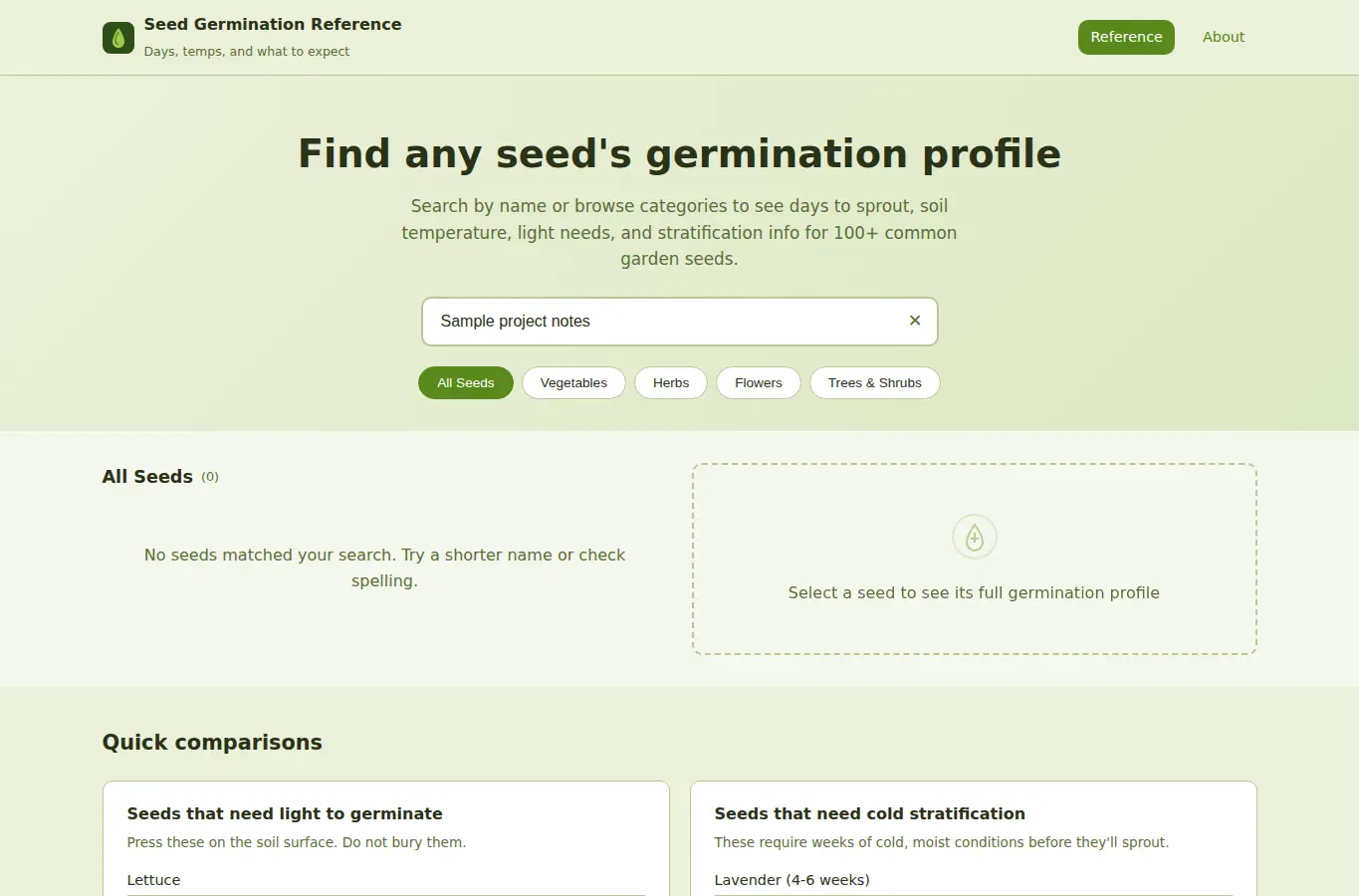 Screenshot of Seed Germination Days Reference interface showing the project page in use